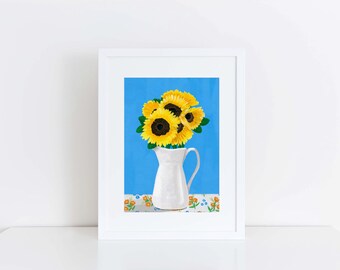 Summer Sunflower Bouquet , Art, Illustration, Print