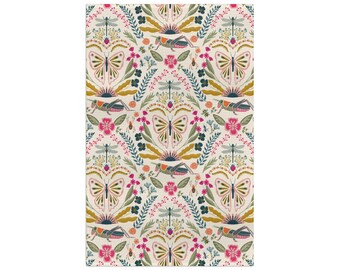 Garden Butterfly Floral Pattern Microfiber Tea Towel | Pink Green Folk Art