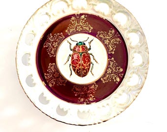Hand Painted Beetle Plate, Gothic Victorian Wall Decor