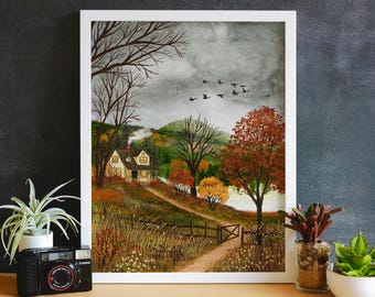 Cozy Cottagecore Fall Landscape Print, Folk Art Autumn Decor (8.5x11)