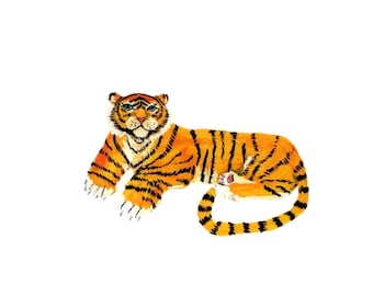 May include: A watercolour illustration of a tiger in a reclining pose. The tiger is depicted with orange fur and black stripes, a white underbelly, and detailed facial features. The tail is curled, and the paws are visible, set against a white background.