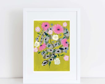 Snake in the Flowers, Art, Illustration, Print
