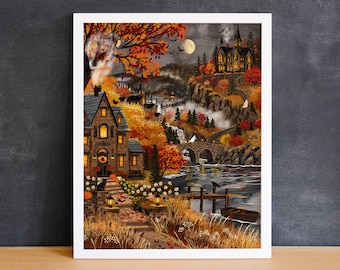 May include: A framed wall art print depicting an autumn landscape with a stone house, a river, a wooden dock with a small boat, and a distant castle on a cliff. The scene features orange and yellow trees, a full moon, and glowing windows.