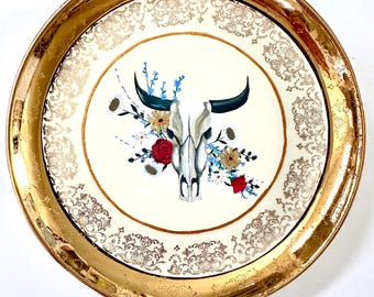 Floral Ox Skull Decal Plate, Western Decor, Gold Rim Porcelain Plate