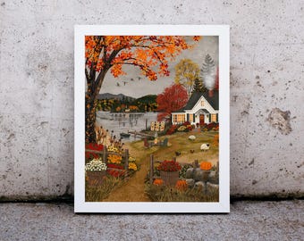 Fall Lake House Art Print, Cozy Cottage Wall Art, Autumn Landscape Print, Folk Art Fall Decor, Lake Cottage Art, 8.5x11 Print