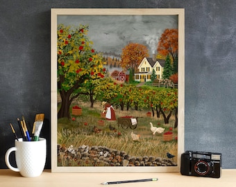 Apple Orchard Art Print, Fall Farmhouse Wall Art, Autumn Landscape Print, Folk Art Farm Scene, Country Cottage Decor, 8.5x11 Print