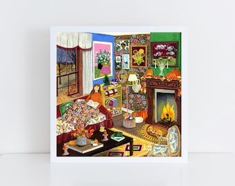 Cozy Fall Reading Nook Art Print, Cottagecore Autumn Home Decor (8x8)