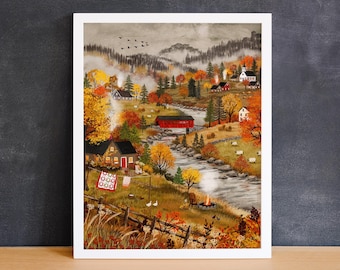 Covered Bridge Art Print, New England Fall Wall Art, Autumn Folk Art Landscape, Cozy Country Decor, Fall Village Print, 8.5x11