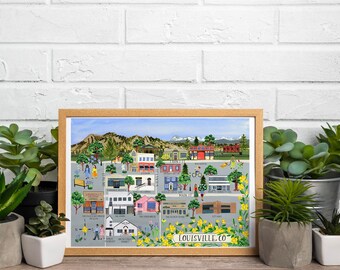 Louisville Colorado Map Art Print – Illustrated Main Street & Local Landmarks, 11x8.5” Wall Art, Small Town Charm Gift, Boulder County Map