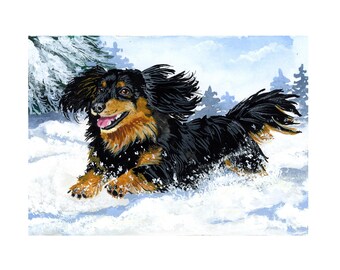 Long Haired Dachshund Winter Snow Art Print, Dog Lover Gift