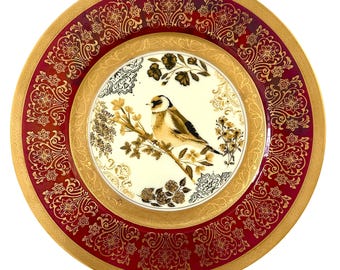 Vintage Bird Plate, Red and Gold Floral Porcelain Decor, 11 Inch