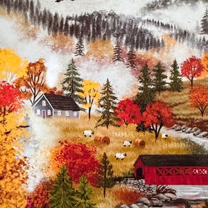 May include: A painting of an autumn landscape featuring a grey house with smoke, a red covered bridge over a stream, and sheep grazing in a field. The scene includes vibrant red and yellow trees, evergreen pines, and a flock of birds in the sky.