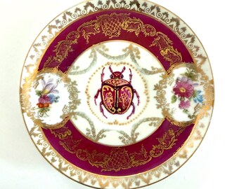 Hand Painted Crimson Beetle Plate, Ornate Gold Porcelain, Victorian Cottagecore Wall Decor