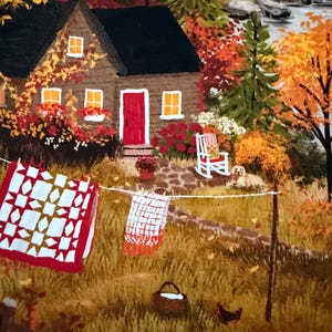 May include: A painting of a brown cabin with a red door, a white rocking chair, and a dog on a stone patio. A clothesline holds a red and white quilt and a plaid blanket. A basket, a chicken, and two white geese are in the grassy yard.