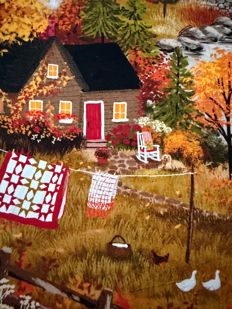 May include: A painting of a brown cabin with a red door, a white rocking chair, and a dog on a stone patio. A clothesline holds a red and white quilt and a plaid blanket. A basket, a chicken, and two white geese are in the grassy yard.