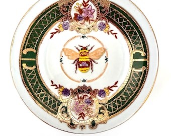Hand Painted Bee Plate, Emerald Green Gold Victorian Cottagecore Wall Decor