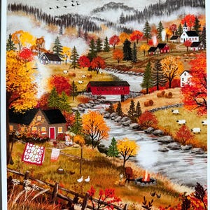 May include: A painting of an autumn landscape featuring a river flowing through a valley with a red covered bridge, houses, a church, and sheep. A clothesline with a quilt, a campfire, and trees with orange and yellow foliage are visible.