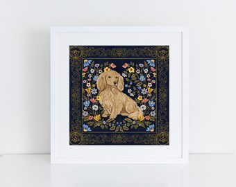 Dachshund Floral Art Print, Cottagecore Dog Illustration, 8x8 Square