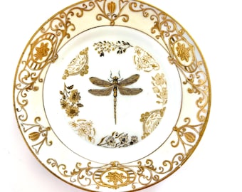 Gold Dragonfly Decal Porcelain Decorative Plate: Botanical Wall Art