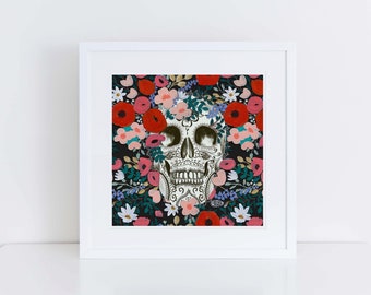 Sugar Skull in the Flowers, Art, Illustration, Print