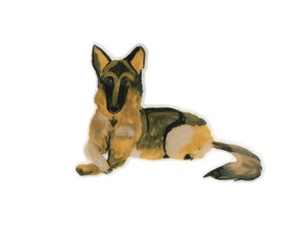 May include: Watercolor illustration of a German Shepherd dog in a reclining pose. The dog has a tan and black coat, with a black muzzle and ears. The artwork is set against a white background.