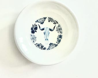 Blue Cow Skull Decal Ceramic Bowl – Western Cottagecore Decor
