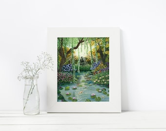Enchanted Pond Art Print, Cottagecore Botanical Wall Decor (8 x 10.5 Print)