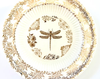 Dragonfly Decal Decorative Plate, Antique Style Floral Wall Plate, 7.5” Vintage Inspired Cottagecore Decor