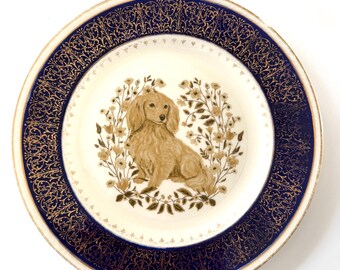 Dachshund Decal Decorative Plate, Vintage Style Dog Art, Gold Rim Decor
