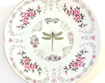 Dragonfly Decal Decorative Plate, Pink Rose Floral, Cottagecore Wall Art, 10"