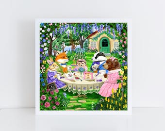 Whimsical Woodland Animal Tea Party Print, Cottagecore Nursery Art (8x8)