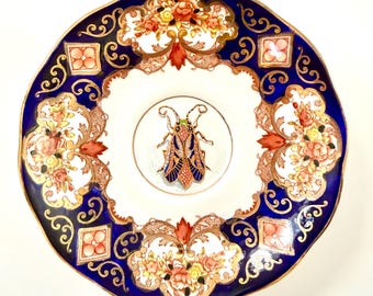 Hand Painted Insect Plate, Cobalt Blue Floral Decorative Wall Decor, 5.5"
