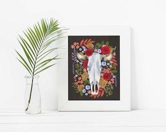 Ox Skull in Florals, Art, Illustration, Print