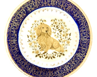 Dachshund Decal Decorative Plate, Vintage Style Dog Art, Gold Rim Decor