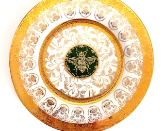 Hand Painted Bee Plate, Emerald Green Gold Antique Porcelain, Victorian Cottagecore Wall Decor