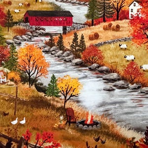 May include: A detailed painting of an autumn landscape featuring a red covered bridge over a flowing stream, a stone fire pit with flames, a wooden chair, grazing sheep, chickens, hay bales, trees with orange and yellow foliage, and houses.