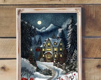 May include: A framed print depicting a snowy winter scene at night with a multi-storey house featuring glowing yellow windows, a stone path, tall pine trees, a full moon, and red poinsettia flowers in the foreground under a dark blue sky.