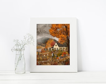 Fall Farmhouse Art Print, Autumn Landscape Wall Art, Cozy Cottage Print, Folk Art Fall Decor, Country Landscape, 8.5x11 Print