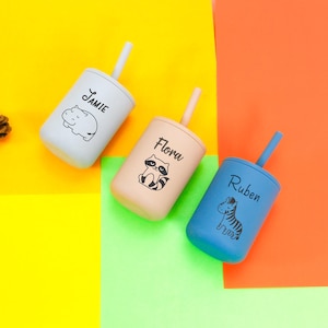 Personalized Engraved Toddler Training Cup, Non-Spill Silicone Sippy Cup with Straw, Custom Name Baby Tumbler, Gift for Boys & Girls