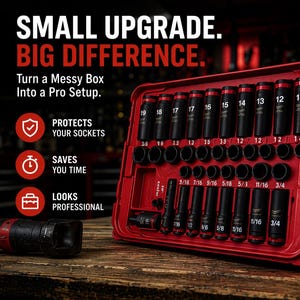 May include: A red tool case with a set of black sockets and wrenches. The text on the case reads "SMALL UPGRADE. BIG DIFFERENCE." and "Turn a Messy Box Into a Pro Setup." The sockets are labeled with sizes in inches.