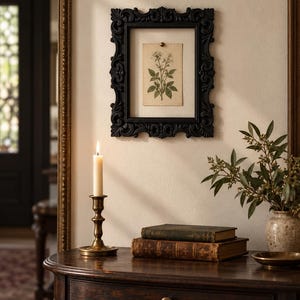 May include: A rectangular black picture frame with ornate, carved detailing surrounding a cream-colored mat. Inside the frame is a botanical print of a green plant with small white flowers, secured by a single brass-colored pin at the top center.