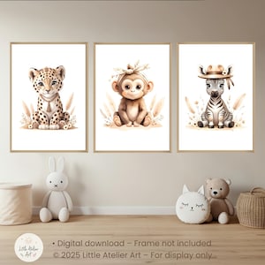 Safari Nursery Prints – Set of 3 Jungle Animal Wall Art – Leopard Monkey Zebra – Boho Baby Room Decor – Digital Download – Gift Idea