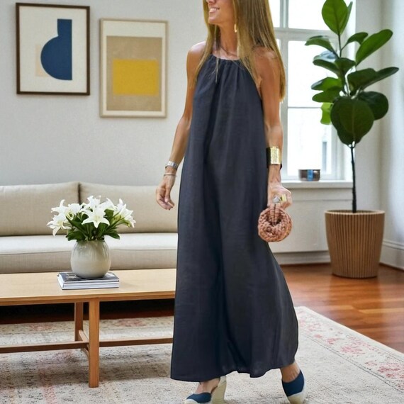 Women's Sleeveless Halter Neck Striped Maxi Dress UK