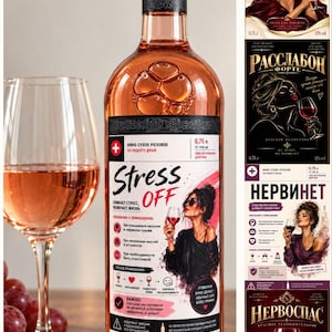 Op de afbeelding: Een glazen fles roséwijn met een aangepast etiket met de tekst Stress OFF, een afbeelding van een persoon met een wijnglas en instructies in medische stijl. Daarnaast staat een wijnglas gevuld met roséwijn en een strook met extra etiketten.