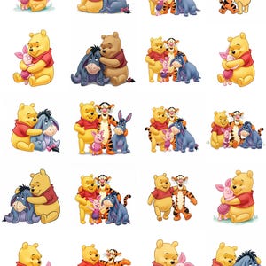 May include: A collection of colorful illustrations featuring Winnie the Pooh and his friends. The images show the characters hugging and interacting with each other. The characters include Winnie the Pooh, Piglet, Eeyore, and Tigger.