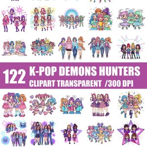 Peut inclure: Ensemble de 122 images clipart K-Pop Demons Hunters. Les illustrations présentent des groupes de filles de style anime dans diverses poses, avec des couleurs vives et des accents d'étoiles et de cœurs. Le texte "122 K-POP DEMONS HUNTERS CLIPART TRANSPARENT /300 DPI" est affiché.