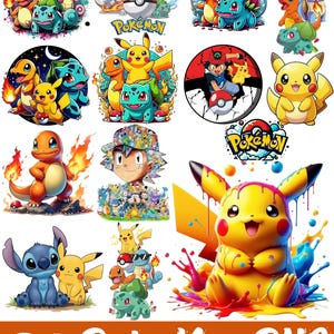 May include: A collection of 61 colorful Pokemon PNG clipart images. The images feature various Pokemon characters, including Pikachu, Charmander, and Bulbasaur, in dynamic poses. The text "Pokemon PNG" and "Clipart Transparent / 300 DPI" are also visible.