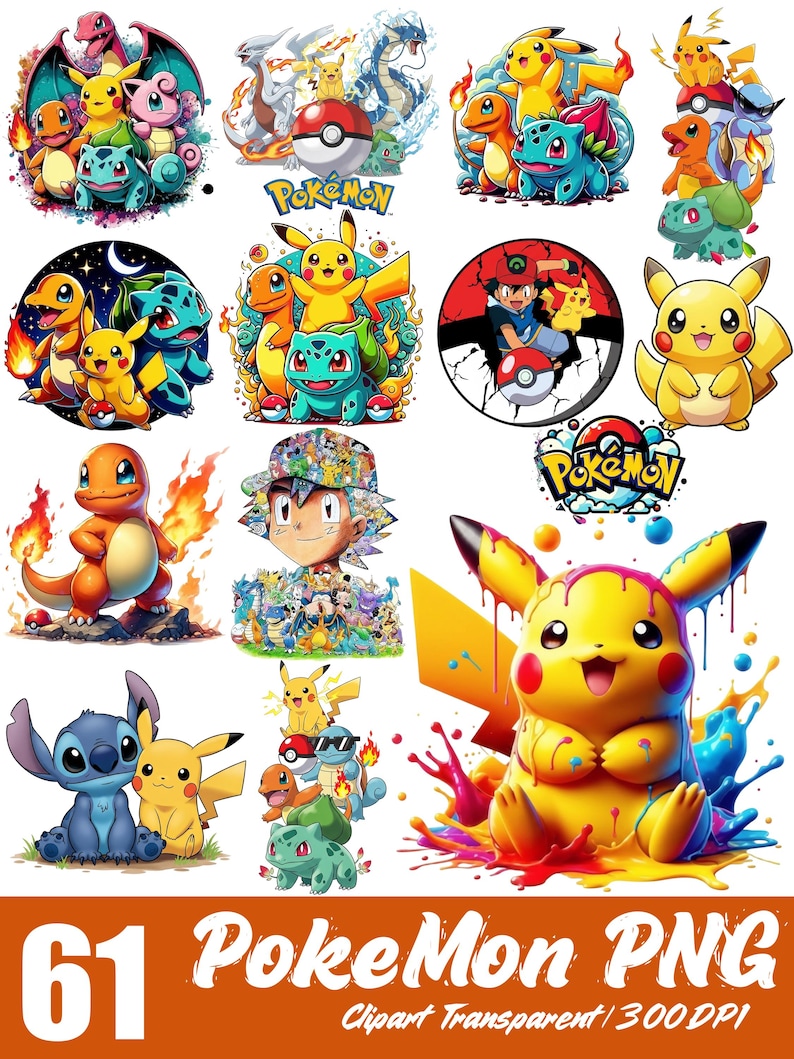 Peut inclure: Une collection de 61 images clipart PNG Pokemon color&eacute;es. Les images pr&eacute;sentent divers personnages Pokemon, dont Pikachu, Charmander et Bulbasaur, dans des poses dynamiques. Le texte "Pokemon PNG" et "Clipart Transparent / 300 DPI" est &eacute;galement visible.