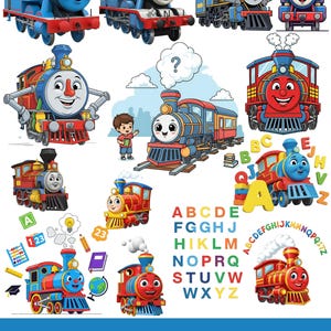 Puede incluir: Una colección de ilustraciones de trenes de dibujos animados coloridos, que incluyen varios diseños de locomotoras con caras sonrientes. La imagen también presenta el alfabeto, números y el texto "Thomas and Friends PNG - SVG".