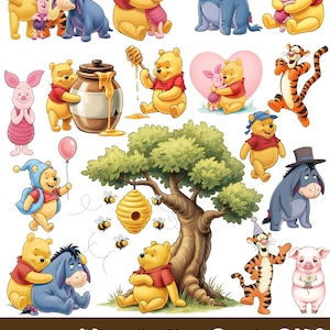 Puede incluir: Una colección de imágenes prediseñadas PNG de Winnie the Pooh. Las imágenes presentan a Winnie the Pooh, Piglet, Eeyore, Tigger y otros personajes. El texto "141 Winnie the Pooh PNG Clipart Transparent / 300 DPI" está en la parte inferior.